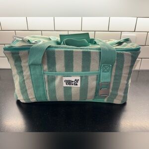 OLLIE & OLIVIA Soft Beach Cooler Bag Striped Mint White Pockets + Bottle Opener